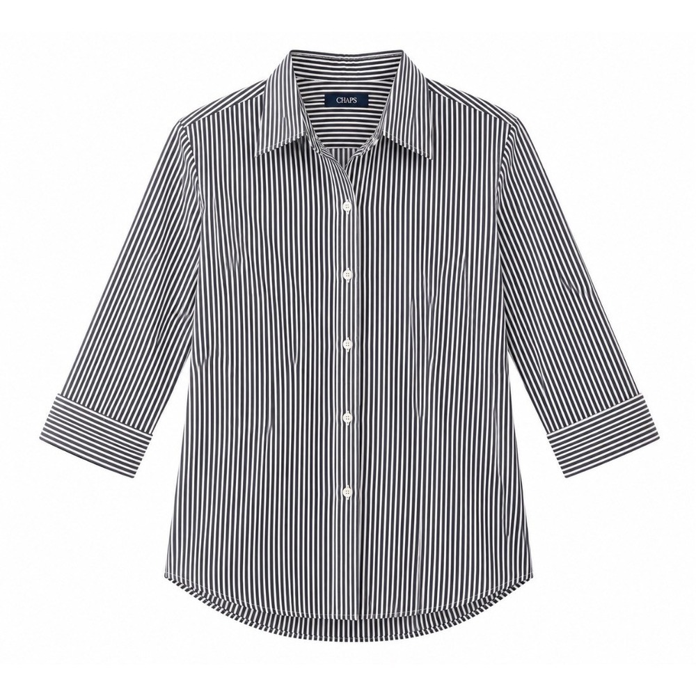 Chaps Womens Striped Button Down Shirt Blouse Navy White 3/4 Sleeve Cotton Size